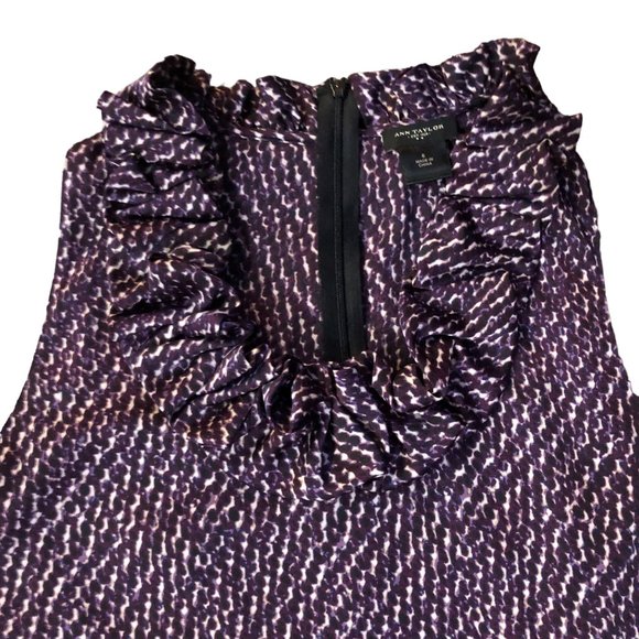 Ann Taylor Blouse Womens 6 Used Purple Cream Ruffled Neck - Picture 6 of 11